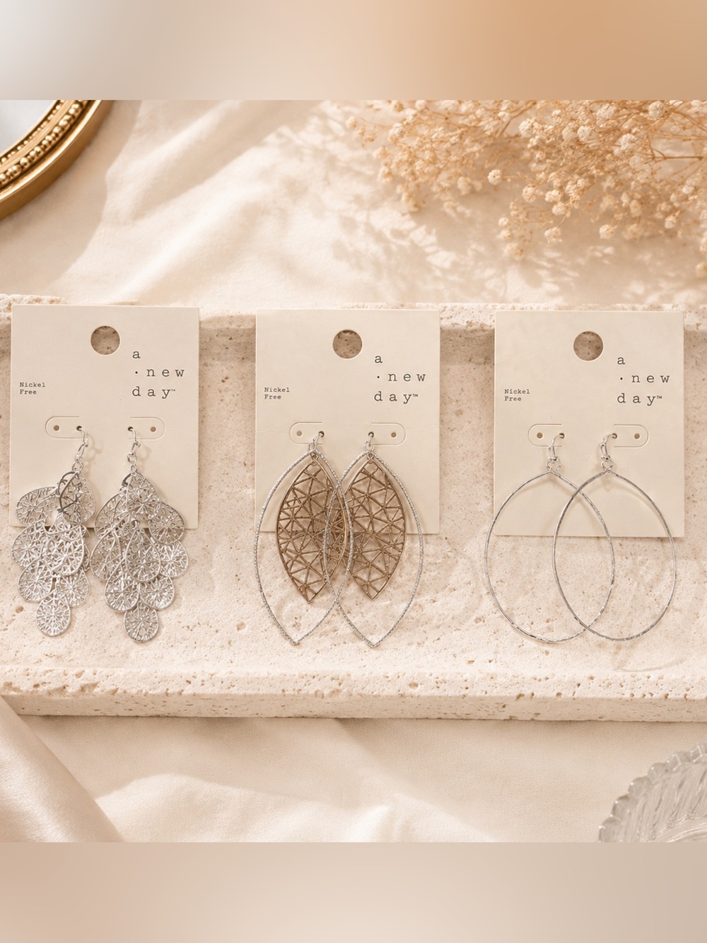 2/20 3 pair A new day Silver Hoop Leaf Drop Earrings nickel free dangle cute y2k